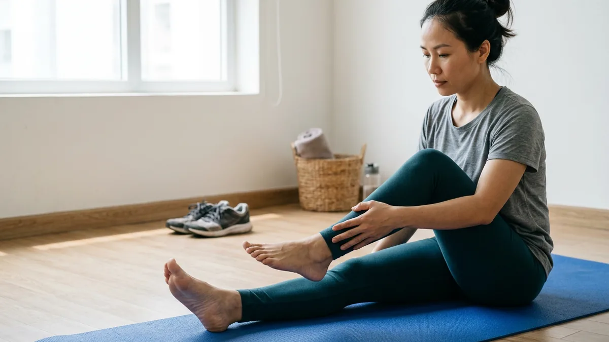 Người chạy bộ ngồi trên thảm và thực hiện động tác xoay cổ chân có kiểm soát để cải thiện mobility bàn chân và cổ chân.