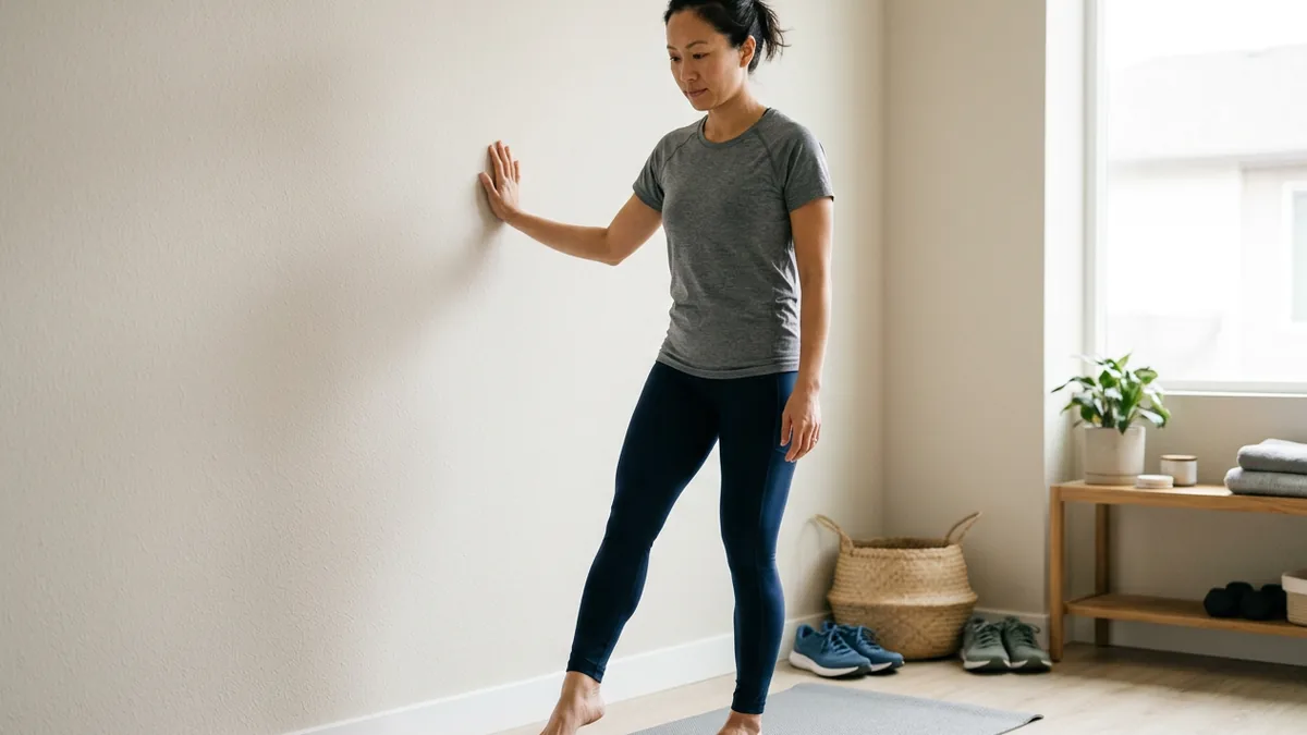 Runner chân trần thực hiện động tác nhón gót có kiểm soát bên cạnh tường để tăng sức mạnh bàn chân và cổ chân.