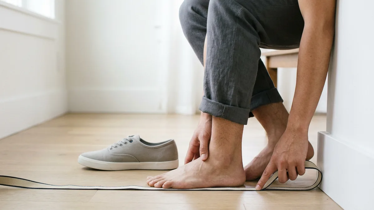 Người dùng thước đo mềm để đo chiều dài bàn chân từ gót đến ngón dài nhất bên cạnh một đôi giày không nhãn hiệu.