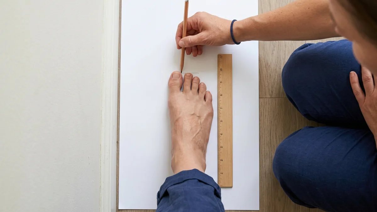 Người đứng trên tờ giấy sát tường, dùng bút đánh dấu gót và đầu ngón chân dài nhất để đo chiều dài bàn chân bằng thước.