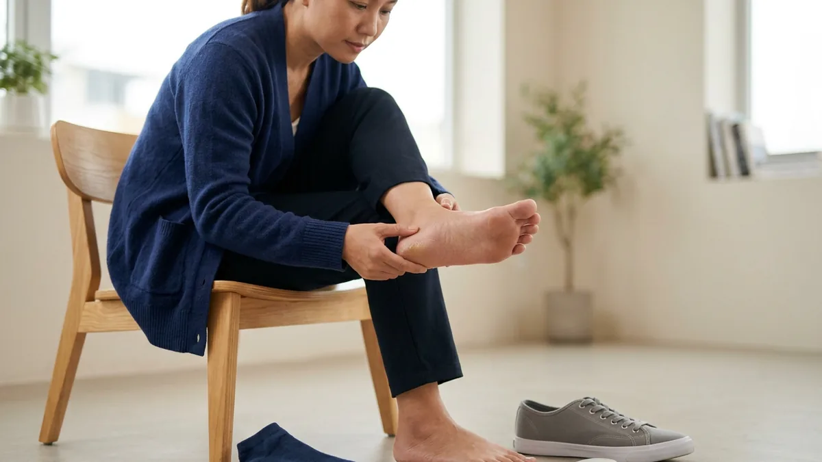 Người dùng tay kiểm tra vùng chai nhẹ ở gót chân bên cạnh giày vừa chân, tất và miếng đệm gót để giảm ma sát.