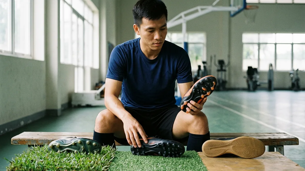 Cầu thủ đối chiếu đế giày đá bóng với cỏ tự nhiên, cỏ nhân tạo và mặt sân futsal để chọn loại giày phù hợp.
