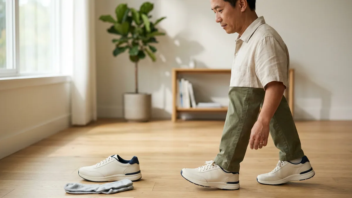 Người trưởng thành thử giày đi bộ bằng cách đứng và bước nhẹ trên sàn phẳng, bên cạnh là chiếc giày còn lại và dụng cụ đo bàn chân.