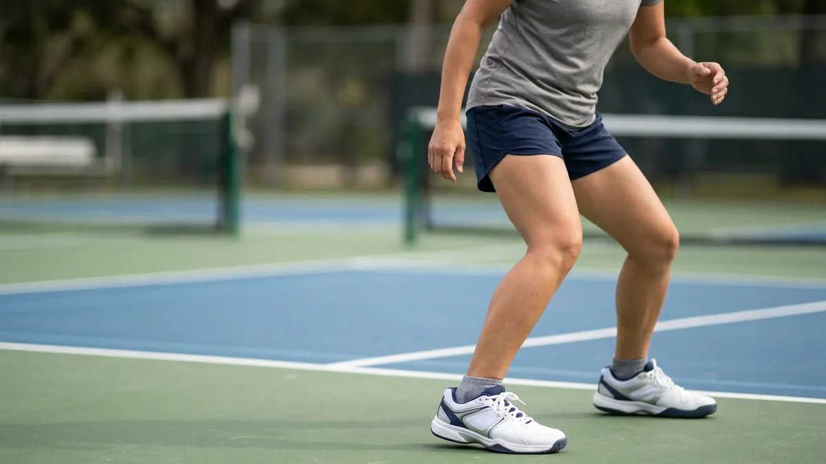 Người chơi pickleball thực hiện bước di chuyển ngang trên sân ngoài trời với đôi giày có đế bám và giữ bàn chân ổn định khi đổi hướng.