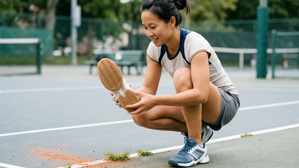 Người chơi tennis so sánh giày có đế phù hợp cho các mặt sân khác nhau bên sân cứng.