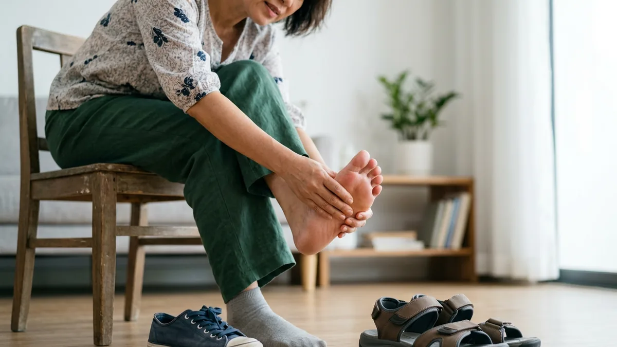 Người bệnh tháo chiếc giày chật và xoa vùng đầu bàn chân bên cạnh một đôi giày vừa vặn hơn.