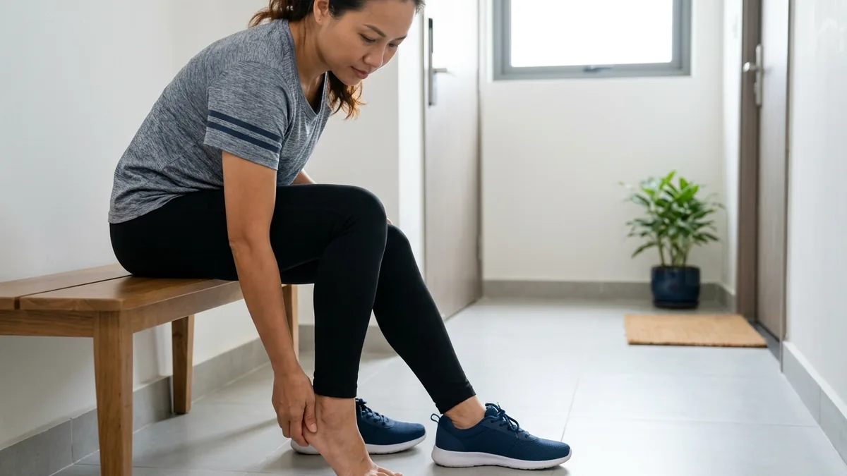 Người trưởng thành ngồi tháo giày và chạm nhẹ vào mặt dưới gót chân sau khi đi bộ.