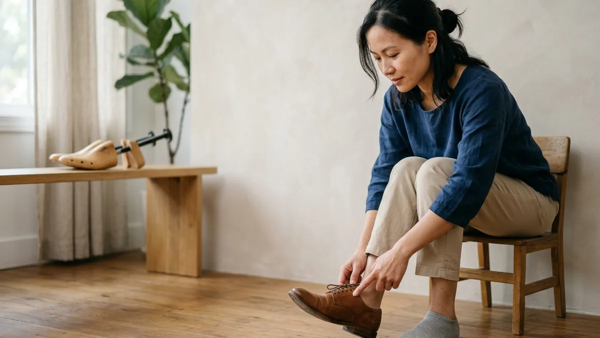 Người dùng kiểm tra khoảng trống ở mũi chiếc giày đang mang trước khi quyết định có nên nong giày hay không.