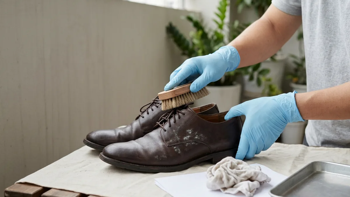 Đôi giày da trơn có mốc nhẹ được chải khô bằng bàn chải mềm trong không gian thoáng khí.