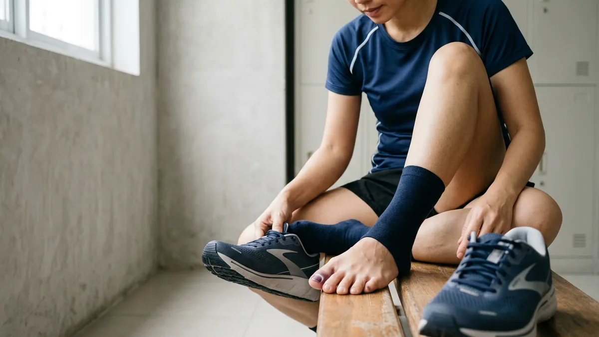Người chạy bộ tháo giày để lộ móng ngón chân cái thâm tím nhẹ dưới móng, gợi ý tụ máu do ngón chân va vào mũi giày.