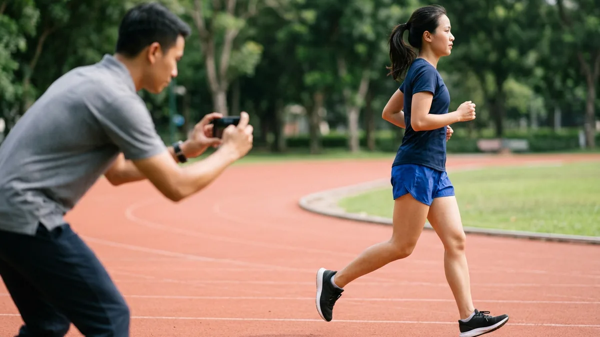 Huấn luyện viên quay ngang dáng chạy tự nhiên của một người chạy để quan sát cách bàn chân tiếp đất.
