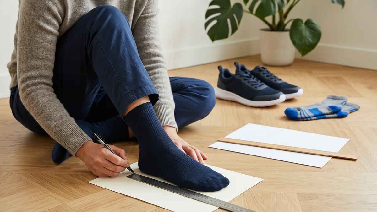 Người dùng thước đo chiều dài bàn chân trên tờ giấy để chọn size giày vừa chân