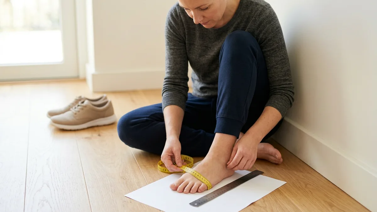 Người dùng thước dây đo chiều dài bàn chân trên tờ giấy sát tường để chọn size và độ rộng giày phù hợp.