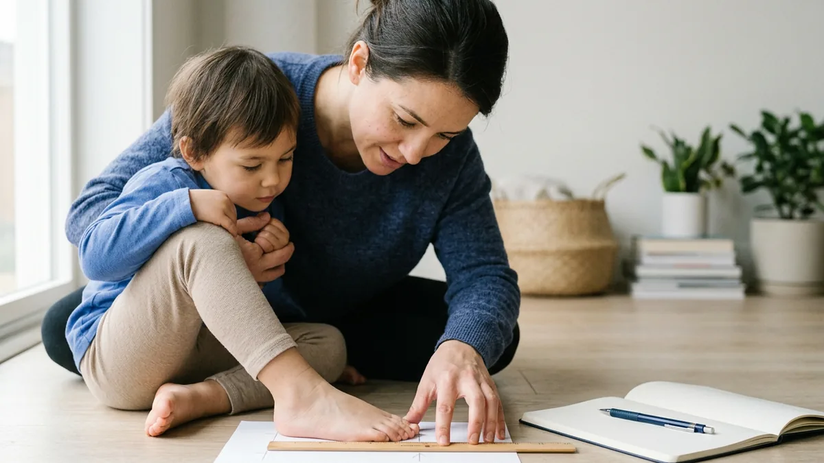 Người lớn dùng bút chì và thước đo chiều dài bàn chân trẻ khi trẻ đứng trên tờ giấy trắng tại nhà.