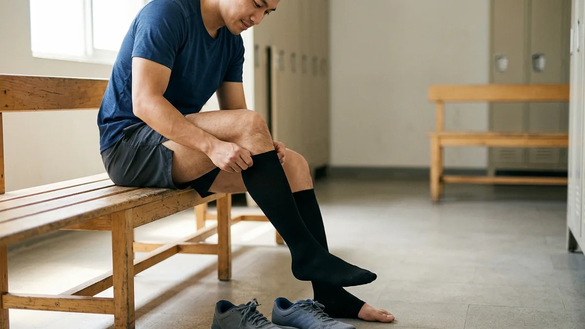 Runner sau buổi chạy đang điều chỉnh vớ compression dài đến dưới gối trong phòng thay đồ sáng tự nhiên.